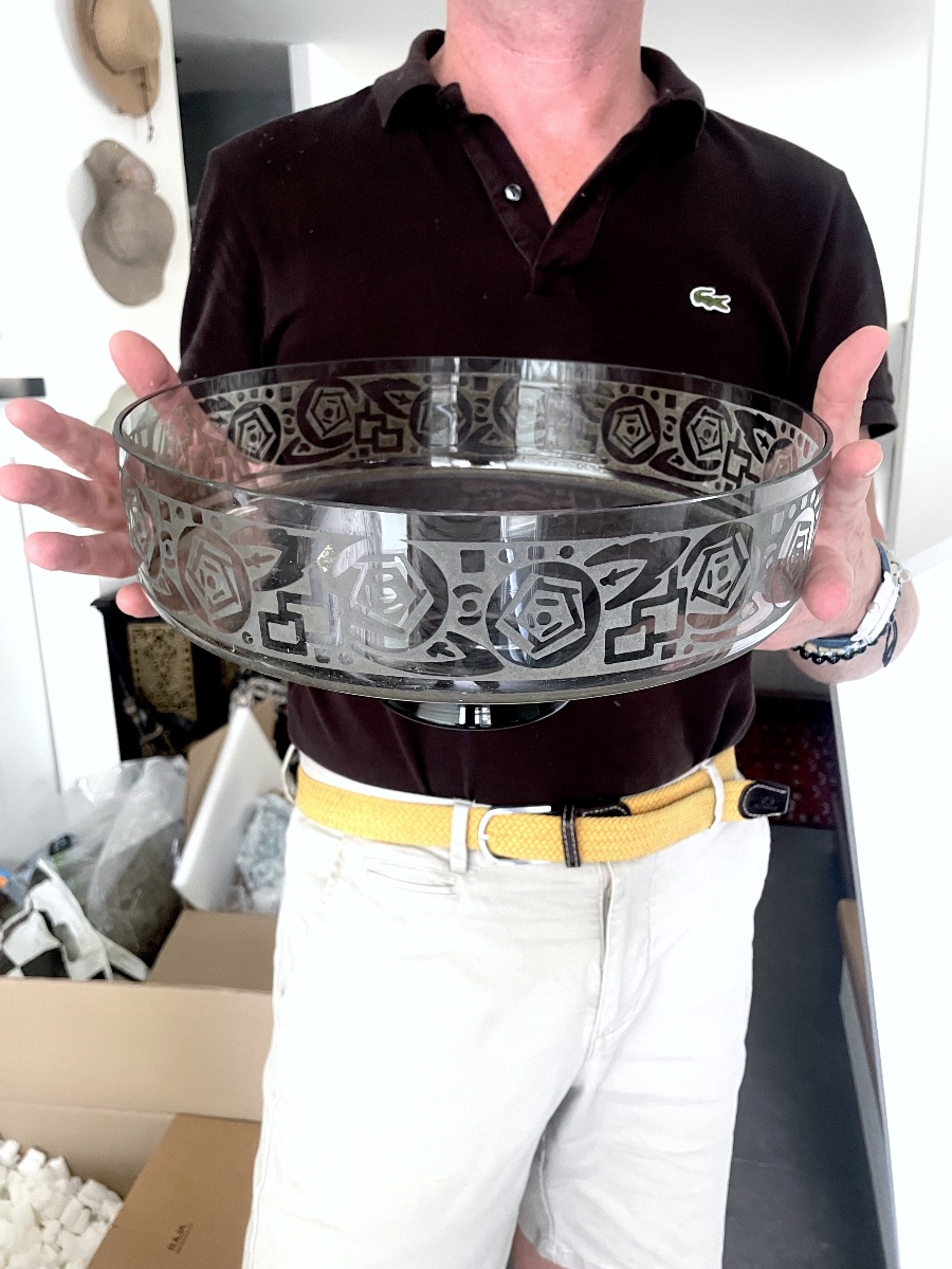 Large, Tall Goblet Engraved With Stylized Roses By Daum, Art Deco Era, Galle, 1925-photo-7