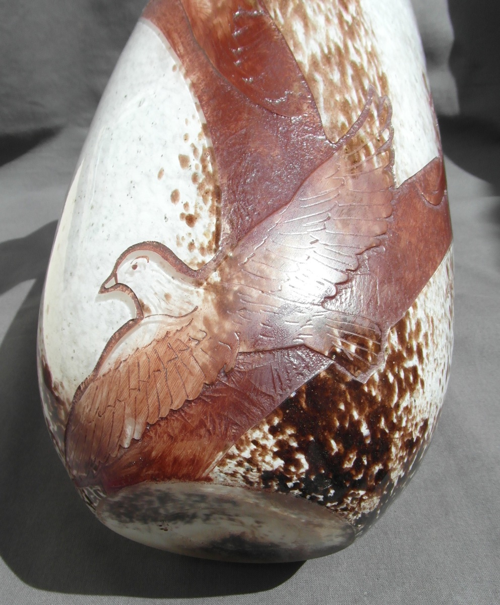 Paire de vase art-déco aux colombes par Legras, gravée, 38 cm, era daum galle 1920-photo-4