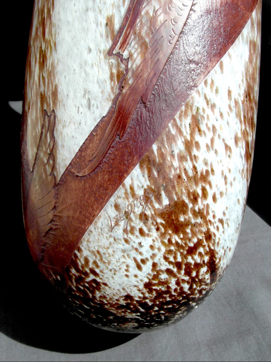 Paire de vase art-déco aux colombes par Legras, gravée, 38 cm, era daum galle 1920-photo-6