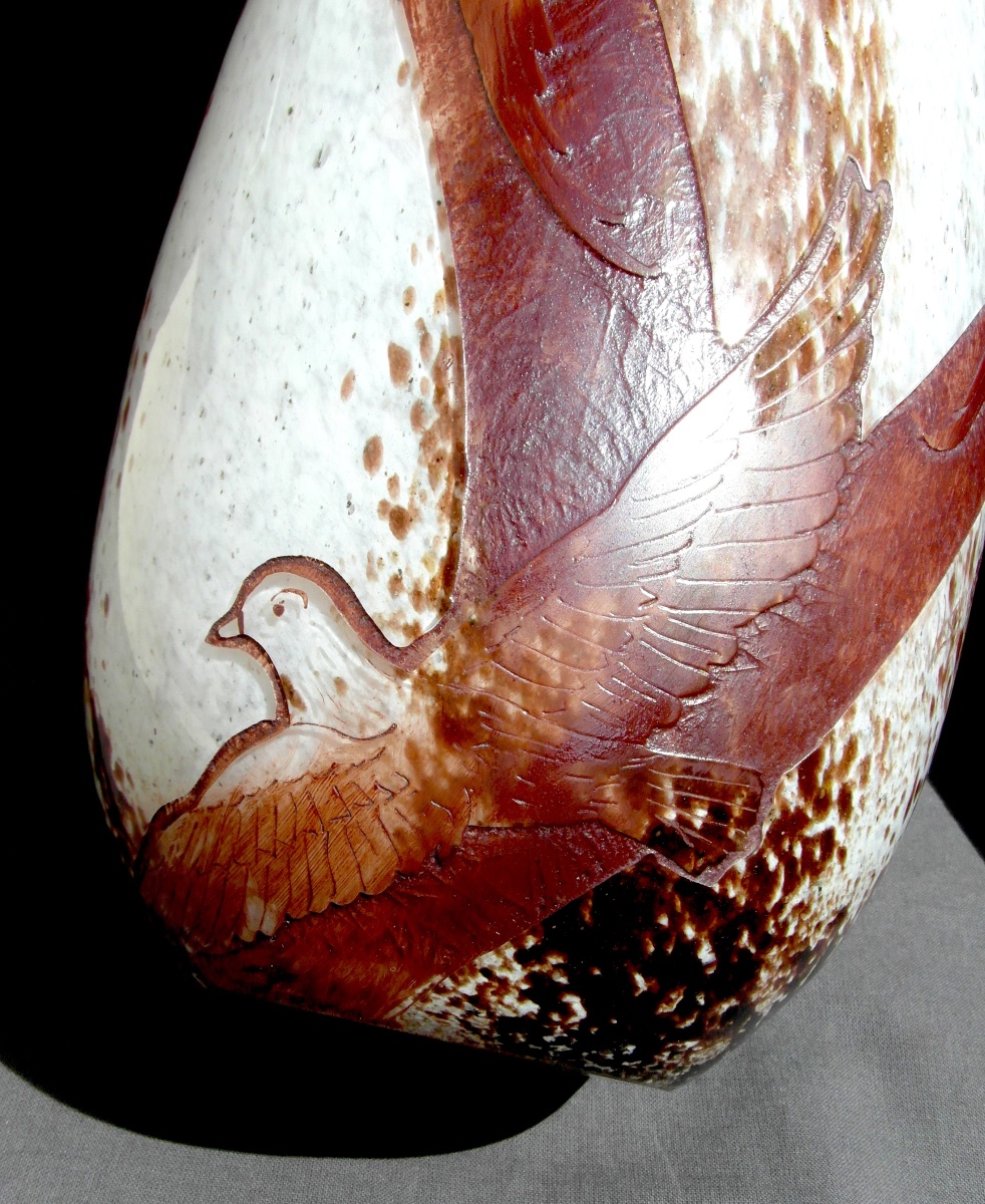 Paire de vase art-déco aux colombes par Legras, gravée, 38 cm, era daum galle 1920-photo-7