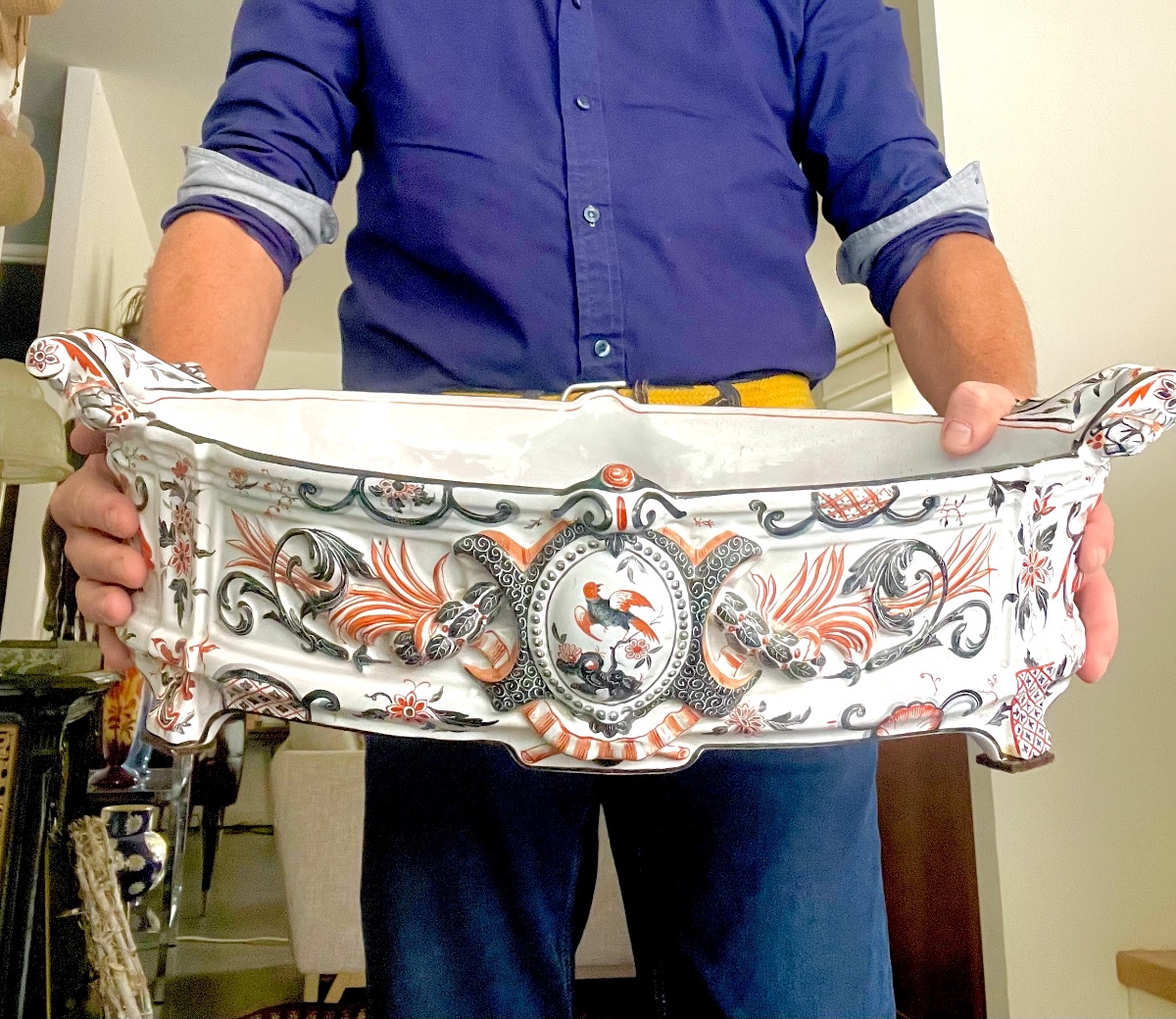 Important Gallé Bowl In Imari Colors With Reserved Areas, 55 Cm Long, Circa 1880-photo-2