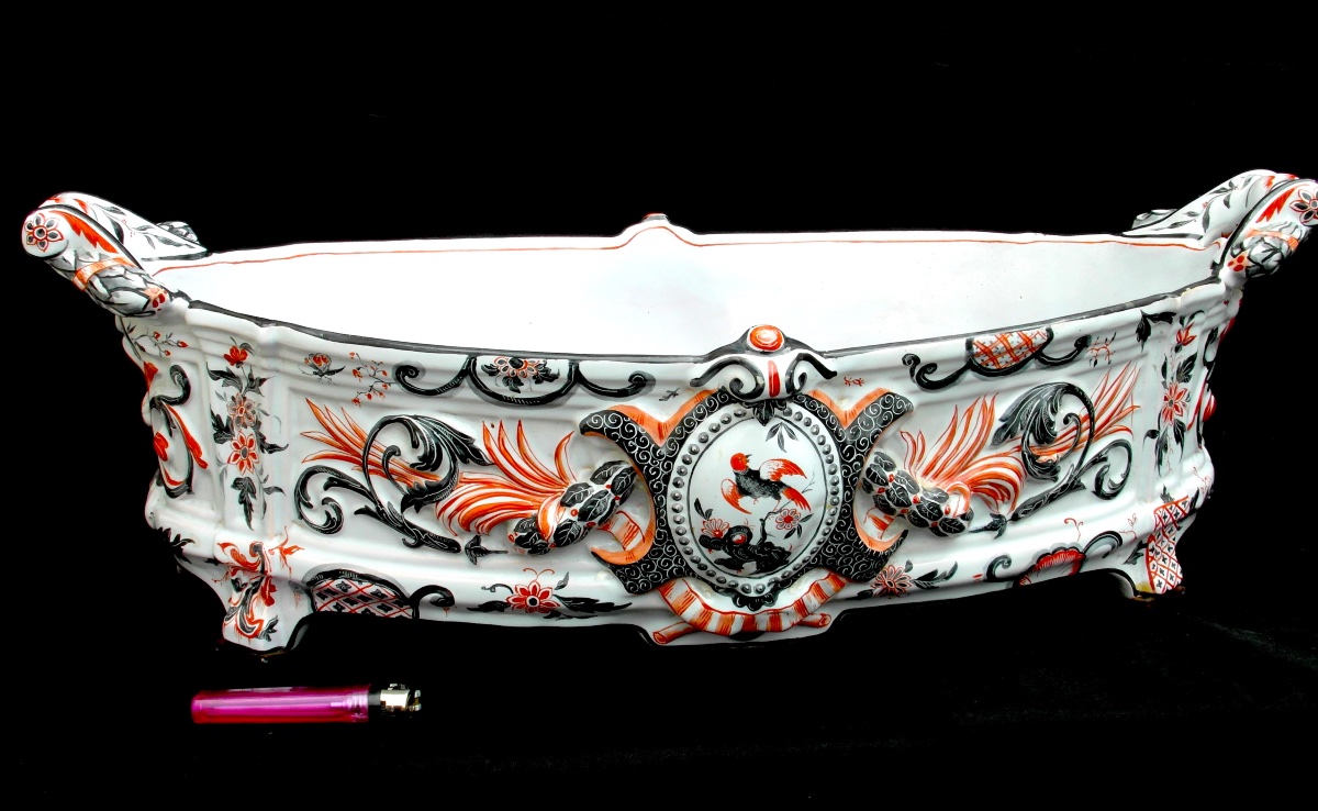 Important Gallé Bowl In Imari Colors With Reserved Areas, 55 Cm Long, Circa 1880-photo-3
