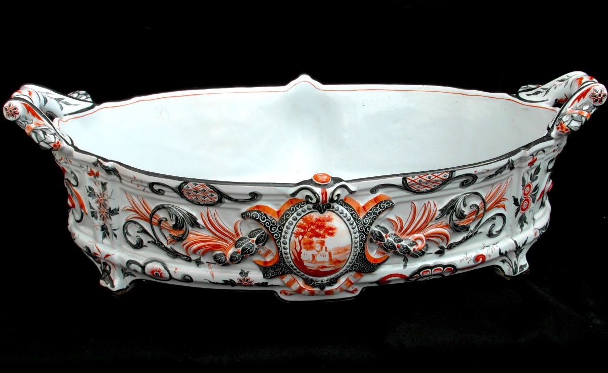 Important Gallé Bowl In Imari Colors With Reserved Areas, 55 Cm Long, Circa 1880-photo-3