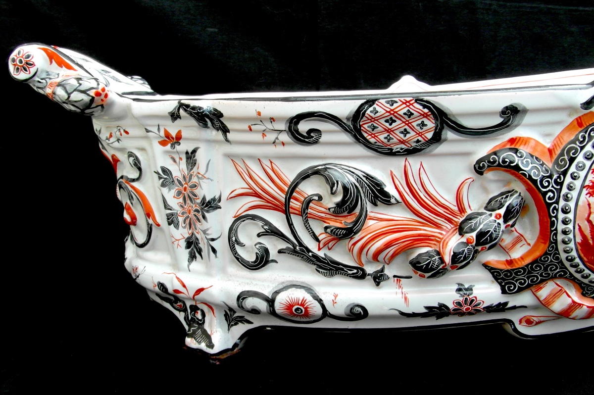 Important Gallé Bowl In Imari Colors With Reserved Areas, 55 Cm Long, Circa 1880-photo-5