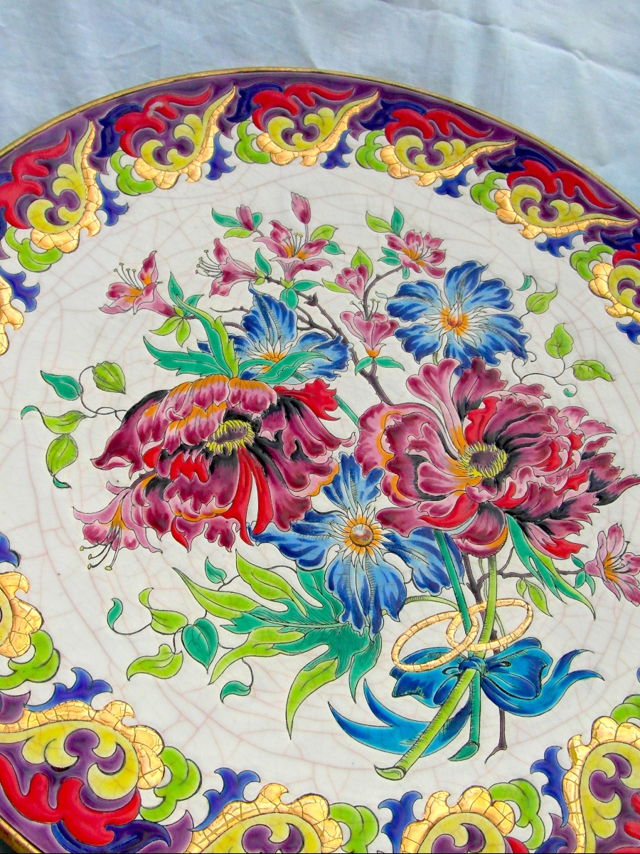 Large "golden Wedding" Platter With Floral Decoration In Longwy And Paul Mignon Enamels, Daum Era -photo-2