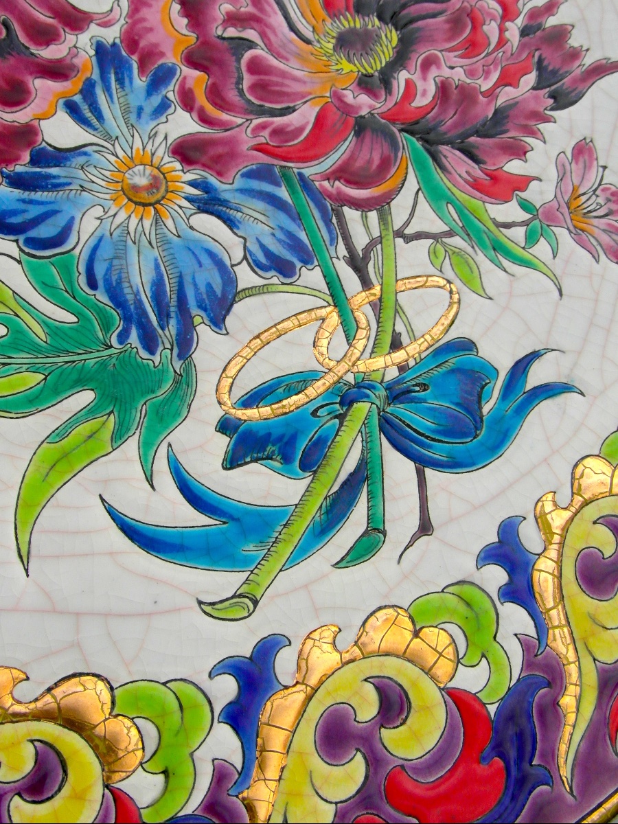 Large "golden Wedding" Platter With Floral Decoration In Longwy And Paul Mignon Enamels, Daum Era -photo-3