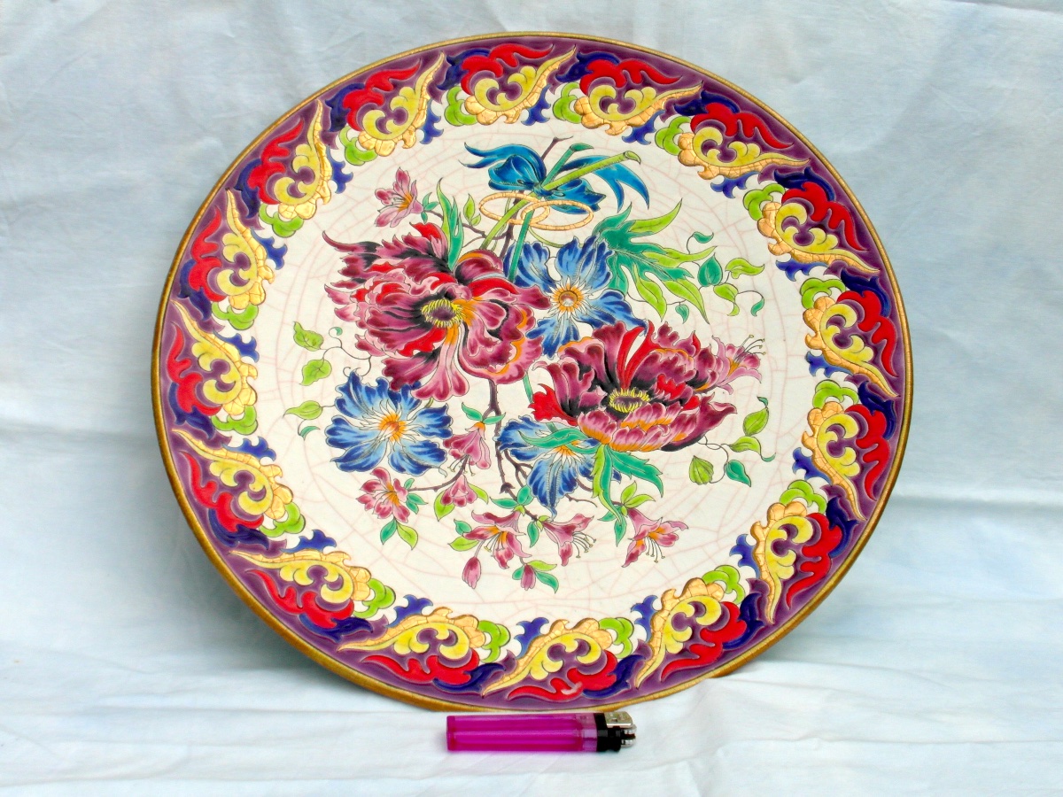 Large "golden Wedding" Platter With Floral Decoration In Longwy And Paul Mignon Enamels, Daum Era -photo-4