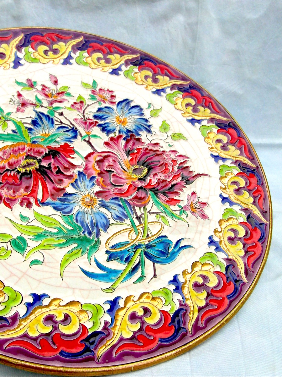 Large "golden Wedding" Platter With Floral Decoration In Longwy And Paul Mignon Enamels, Daum Era -photo-3