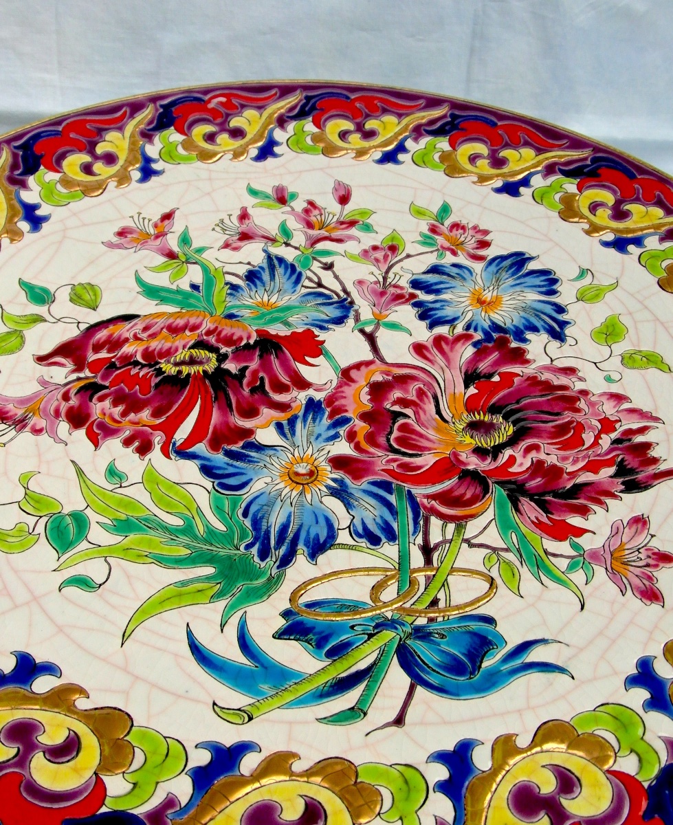 Large "golden Wedding" Platter With Floral Decoration In Longwy And Paul Mignon Enamels, Daum Era -photo-4