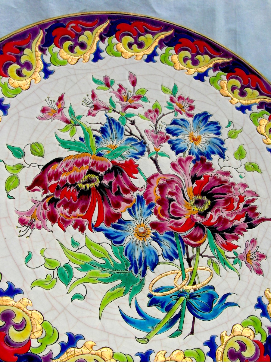 Large "golden Wedding" Platter With Floral Decoration In Longwy And Paul Mignon Enamels, Daum Era -photo-5