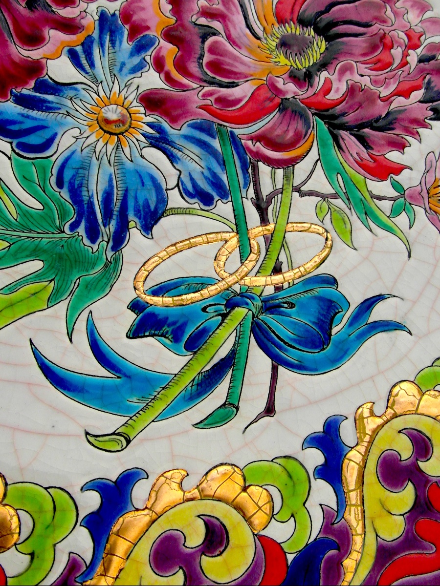 Large "golden Wedding" Platter With Floral Decoration In Longwy And Paul Mignon Enamels, Daum Era -photo-6