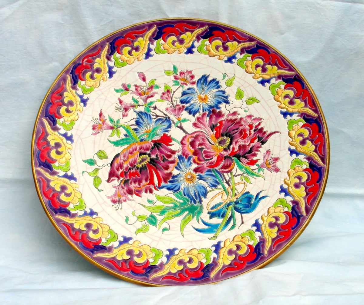 Large "golden Wedding" Platter With Floral Decoration In Longwy And Paul Mignon Enamels, Daum Era 