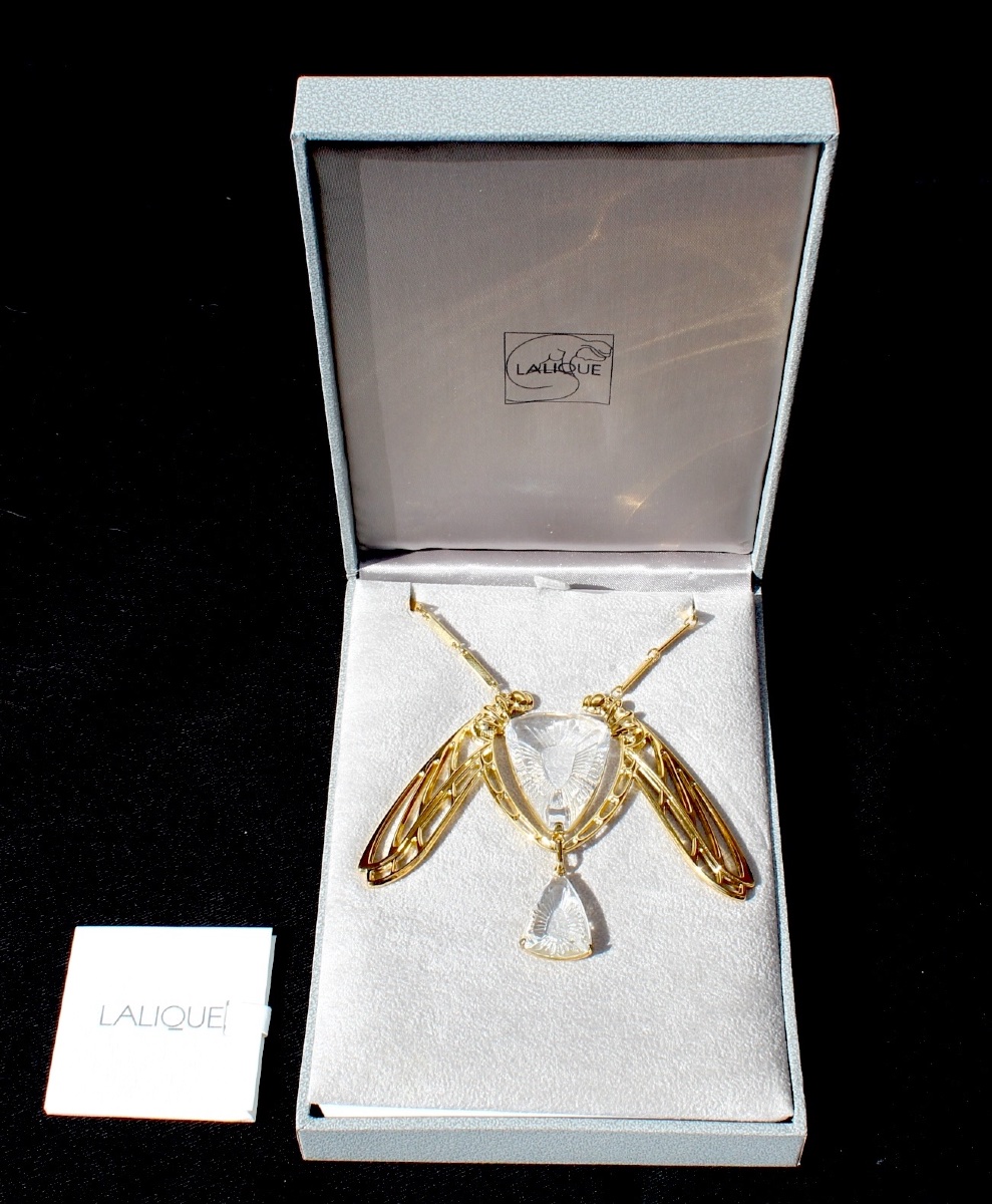 "ice Light" Dragonfly Necklace In Crystal And Vermeil By Lalique, In Its Presentation Box.-photo-2