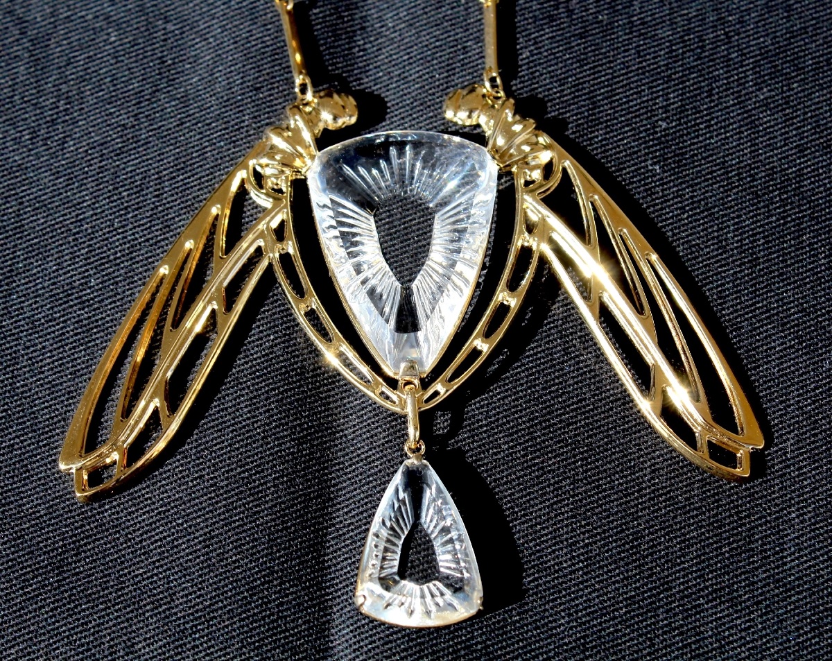 "ice Light" Dragonfly Necklace In Crystal And Vermeil By Lalique, In Its Presentation Box.-photo-4