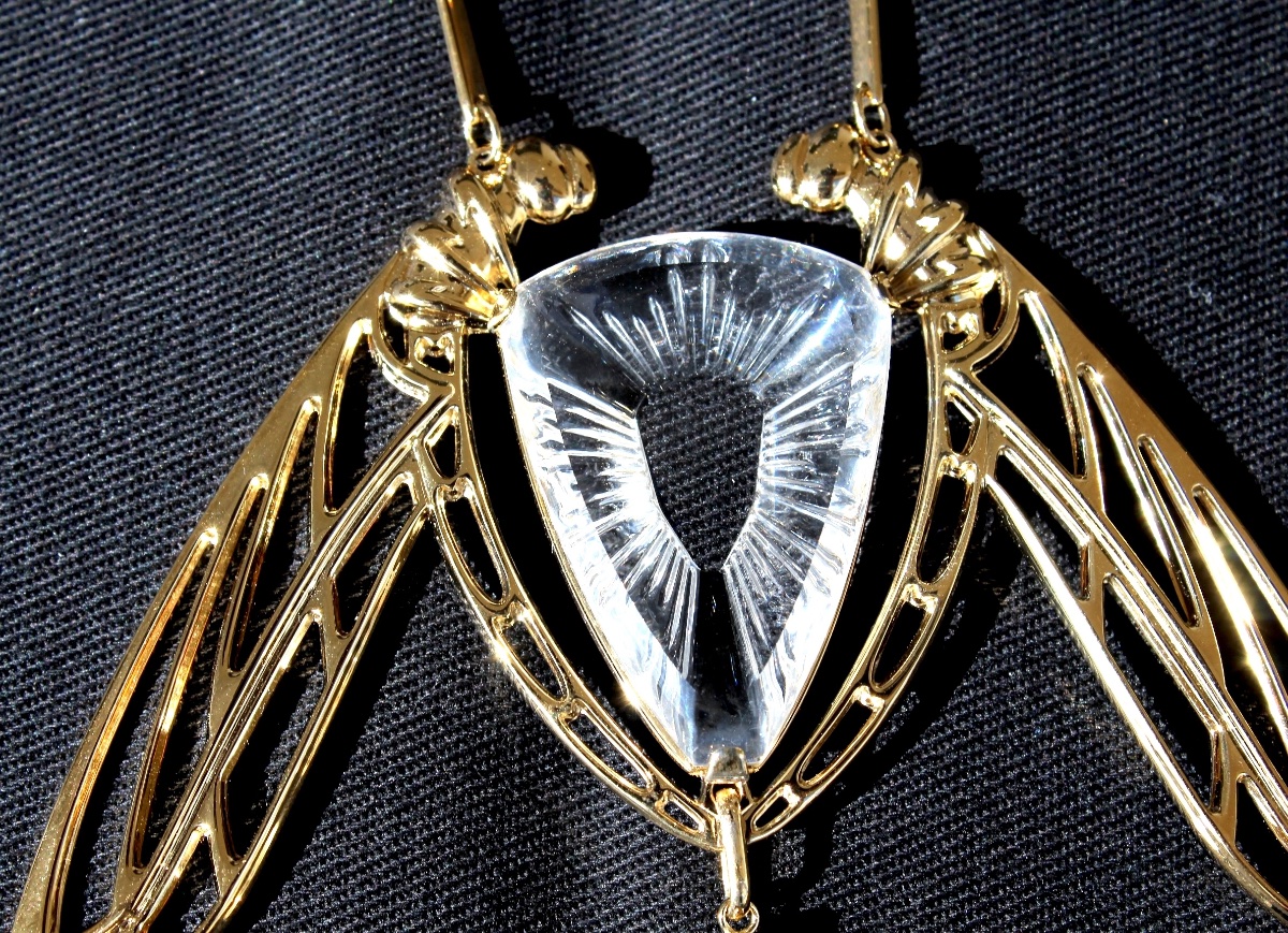 "ice Light" Dragonfly Necklace In Crystal And Vermeil By Lalique, In Its Presentation Box.-photo-1
