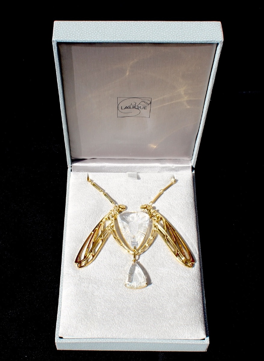 "ice Light" Dragonfly Necklace In Crystal And Vermeil By Lalique, In Its Presentation Box.-photo-5