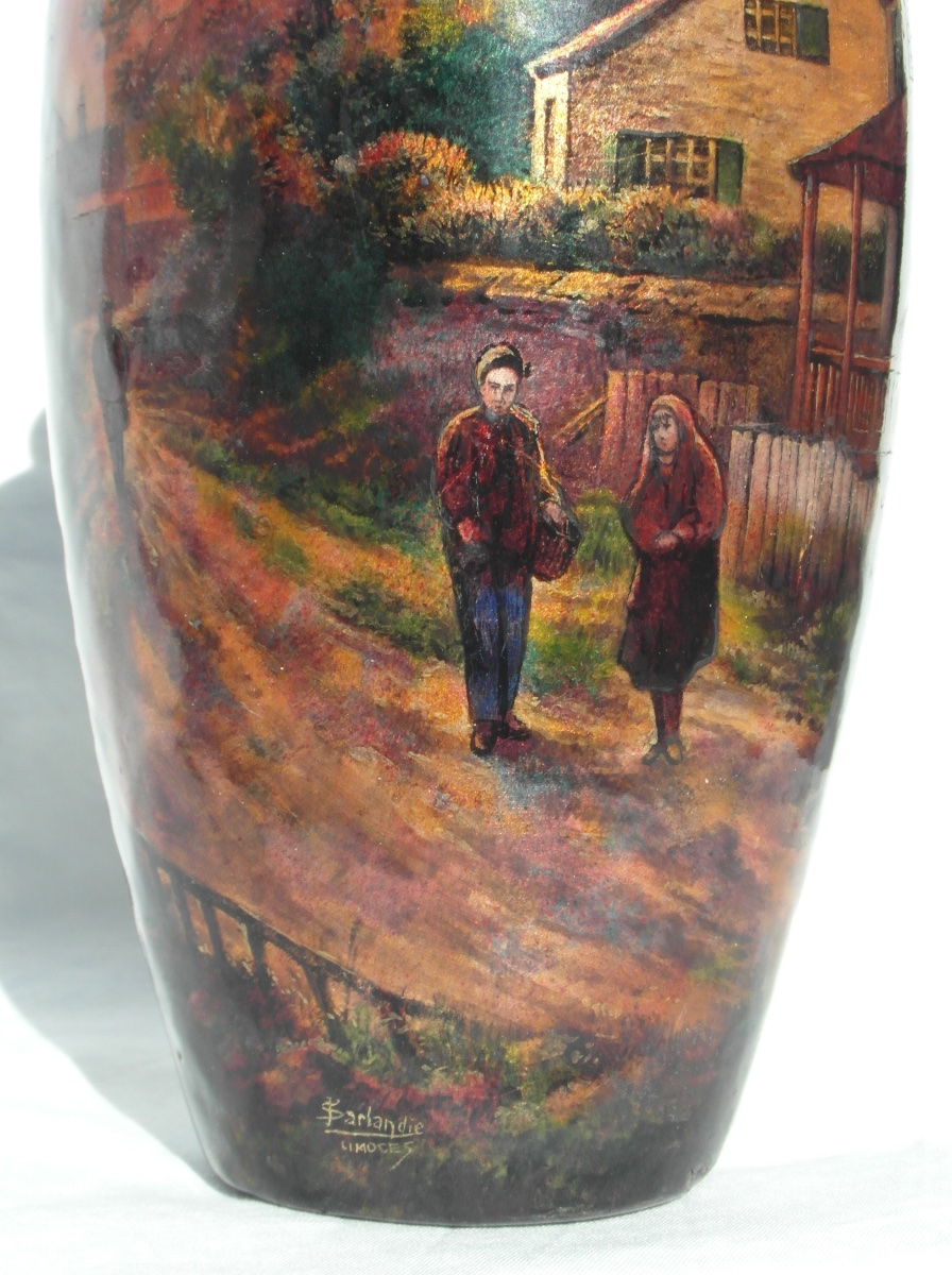 Important Limoges Enamel Vase On Copper, "le Village," By Jules Sarlandie, Faure Daum Era-photo-3