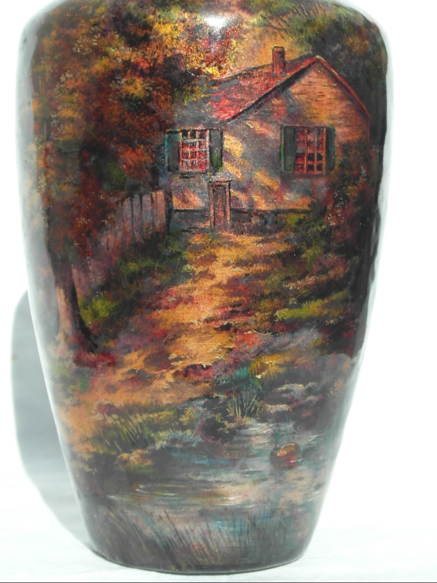 Important Limoges Enamel Vase On Copper, "le Village," By Jules Sarlandie, Faure Daum Era-photo-1
