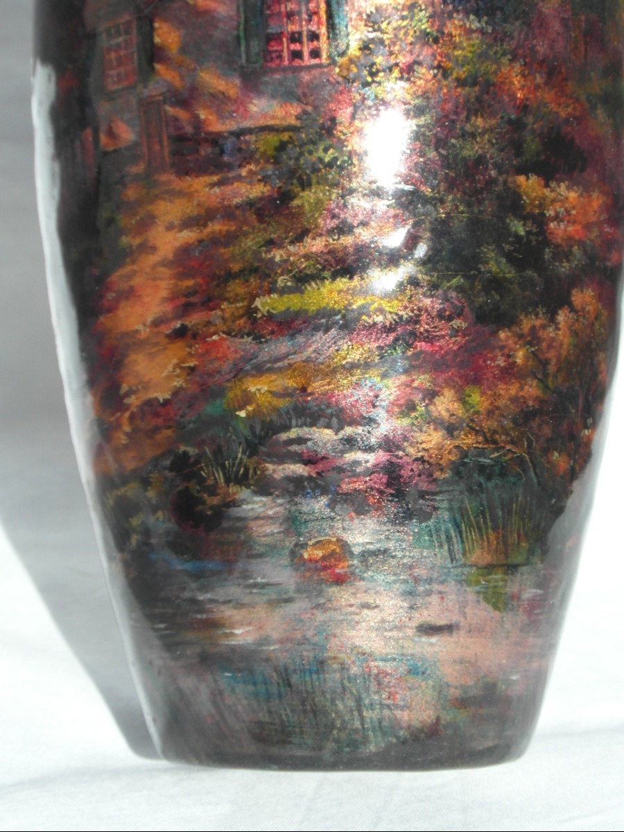 Important Limoges Enamel Vase On Copper, "le Village," By Jules Sarlandie, Faure Daum Era-photo-2