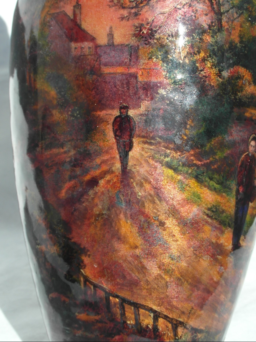 Important Limoges Enamel Vase On Copper, "le Village," By Jules Sarlandie, Faure Daum Era-photo-3
