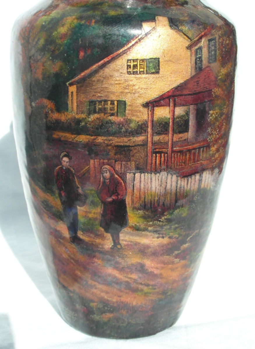 Important Limoges Enamel Vase On Copper, "le Village," By Jules Sarlandie, Faure Daum Era-photo-4