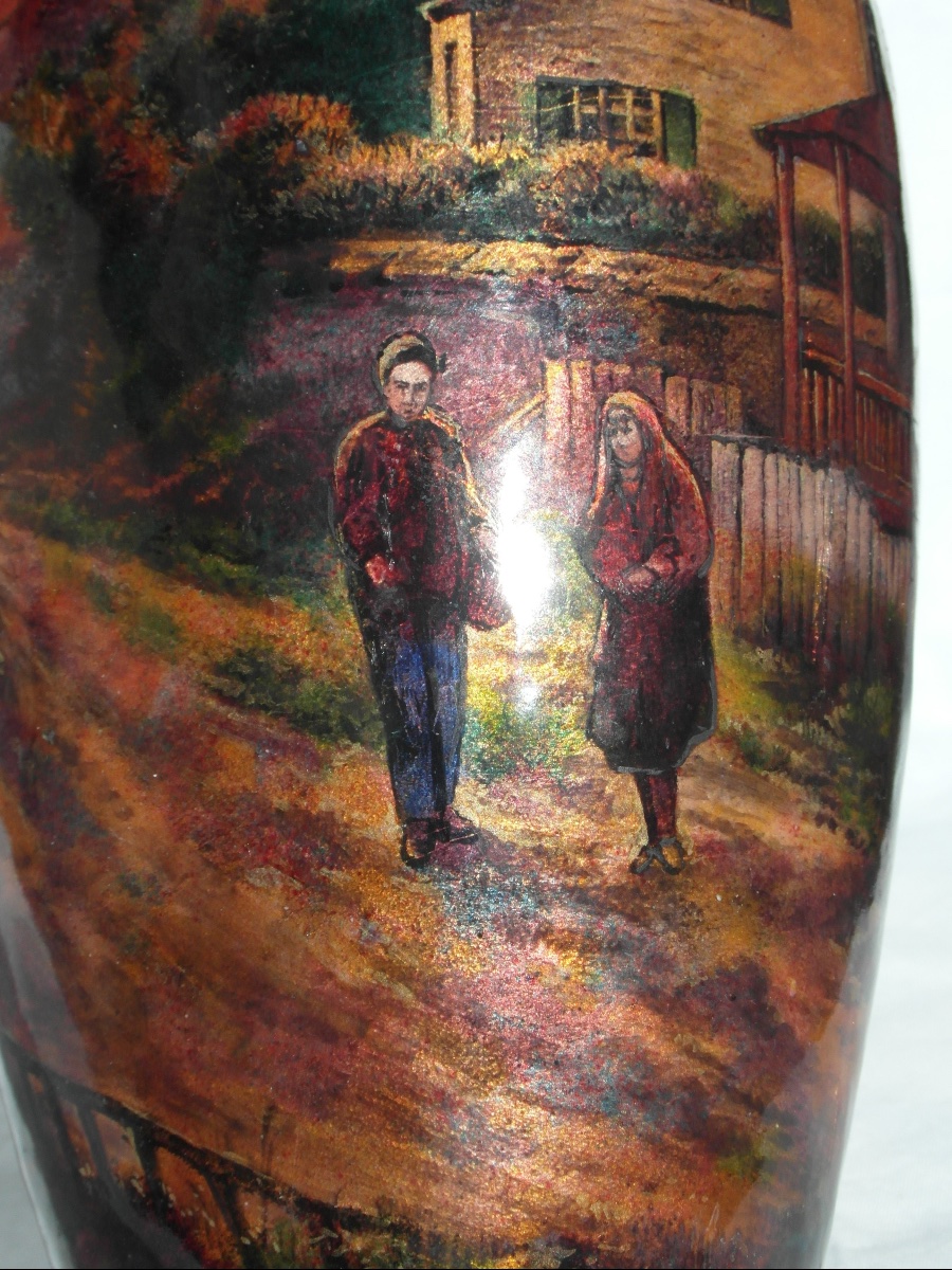 Important Limoges Enamel Vase On Copper, "le Village," By Jules Sarlandie, Faure Daum Era-photo-5