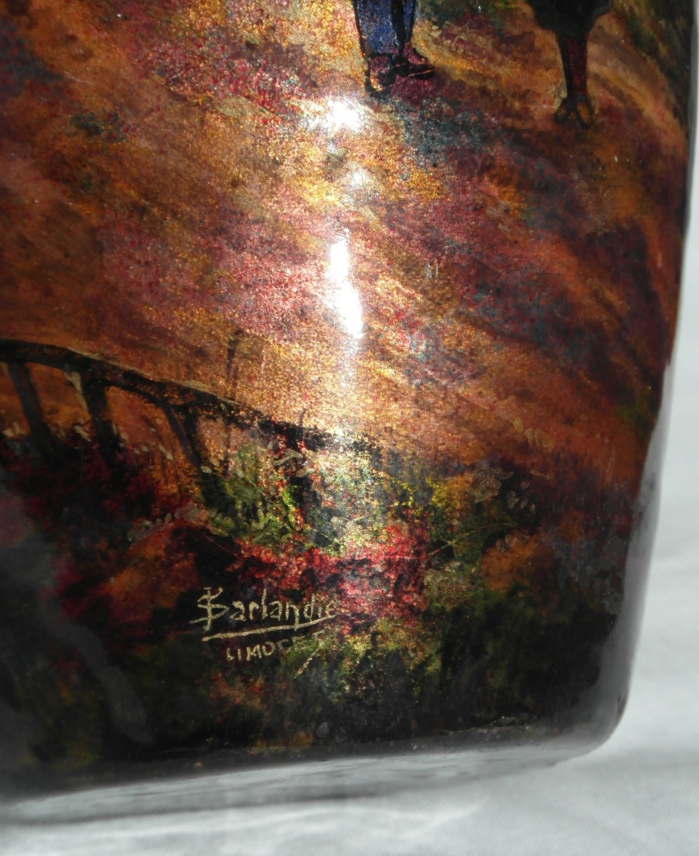 Important Limoges Enamel Vase On Copper, "le Village," By Jules Sarlandie, Faure Daum Era-photo-6