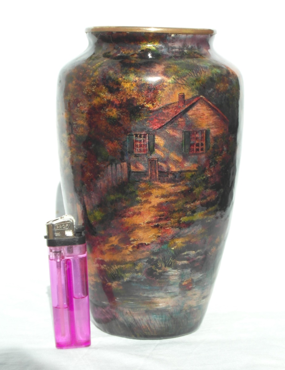Important Limoges Enamel Vase On Copper, "le Village," By Jules Sarlandie, Faure Daum Era-photo-7
