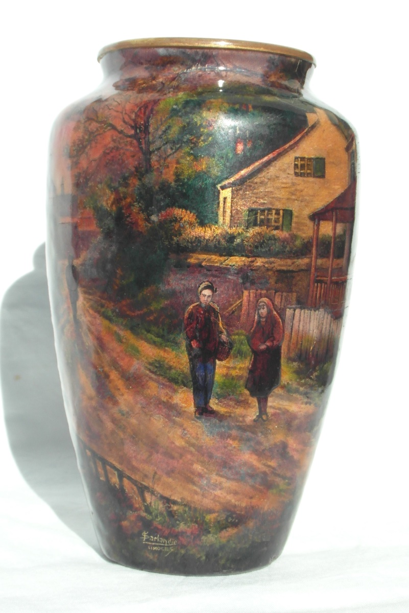 Important Limoges Enamel Vase On Copper, "le Village," By Jules Sarlandie, Faure Daum Era