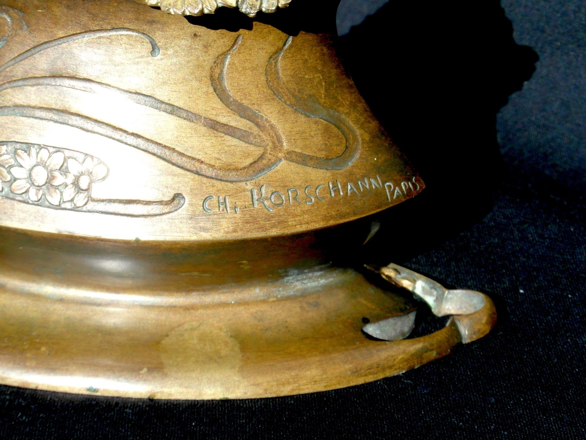 Vase art-nouveau en bronze 2 patines "la femme aux fleurs" par C.Korschann et Louchet  Fondeur-photo-4