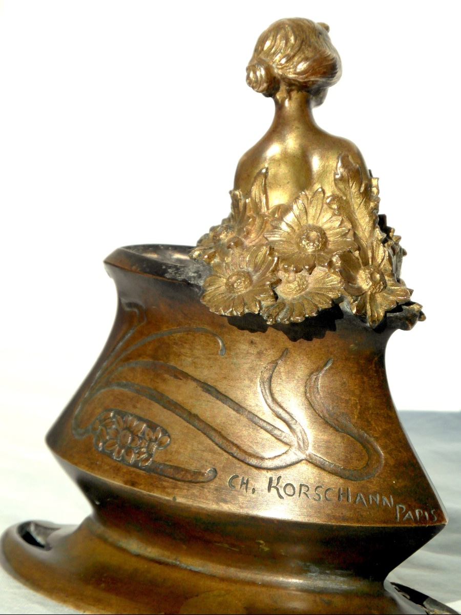 Vase art-nouveau en bronze 2 patines "la femme aux fleurs" par C.Korschann et Louchet  Fondeur-photo-1