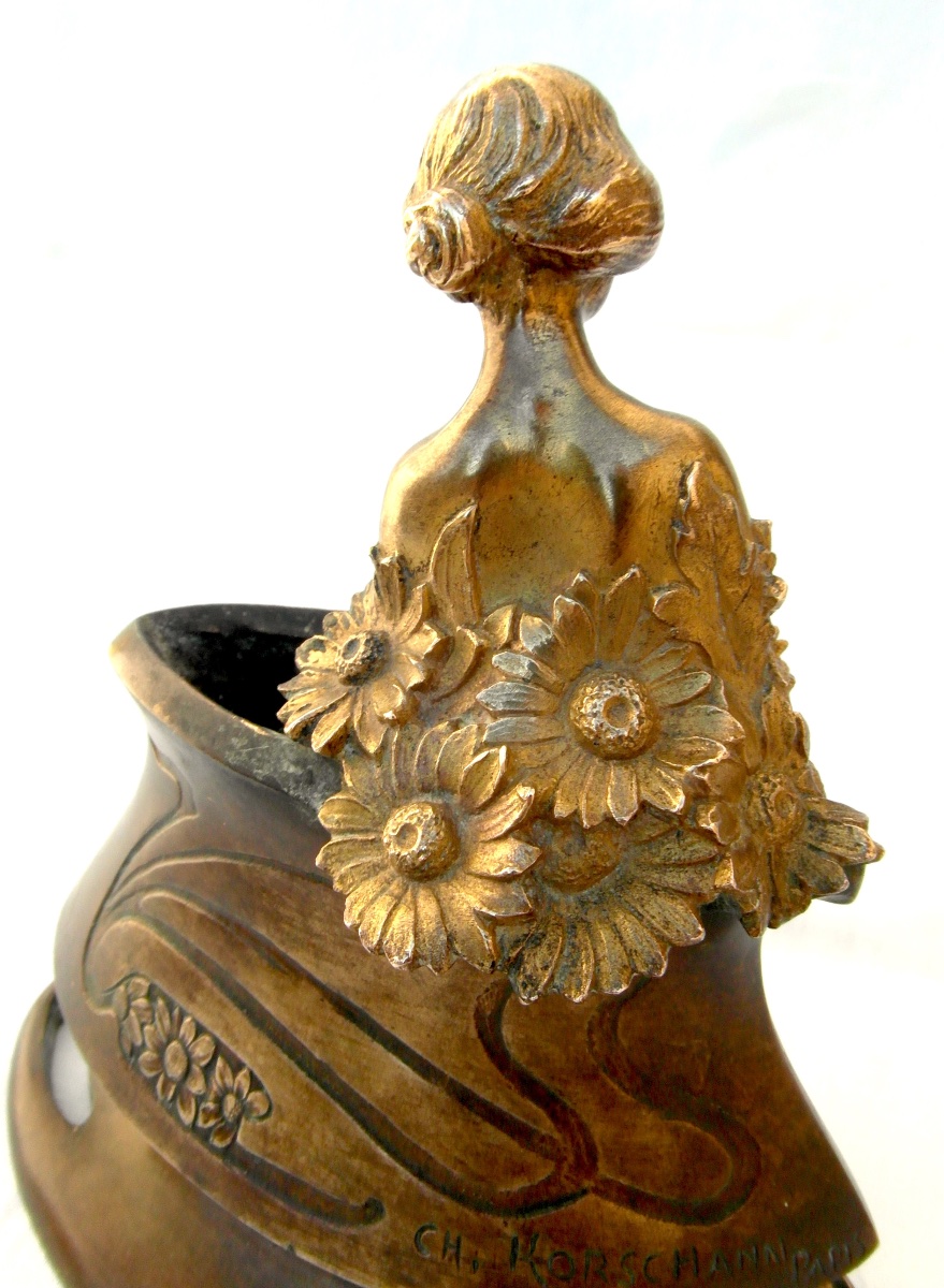 Vase art-nouveau en bronze 2 patines "la femme aux fleurs" par C.Korschann et Louchet  Fondeur-photo-6