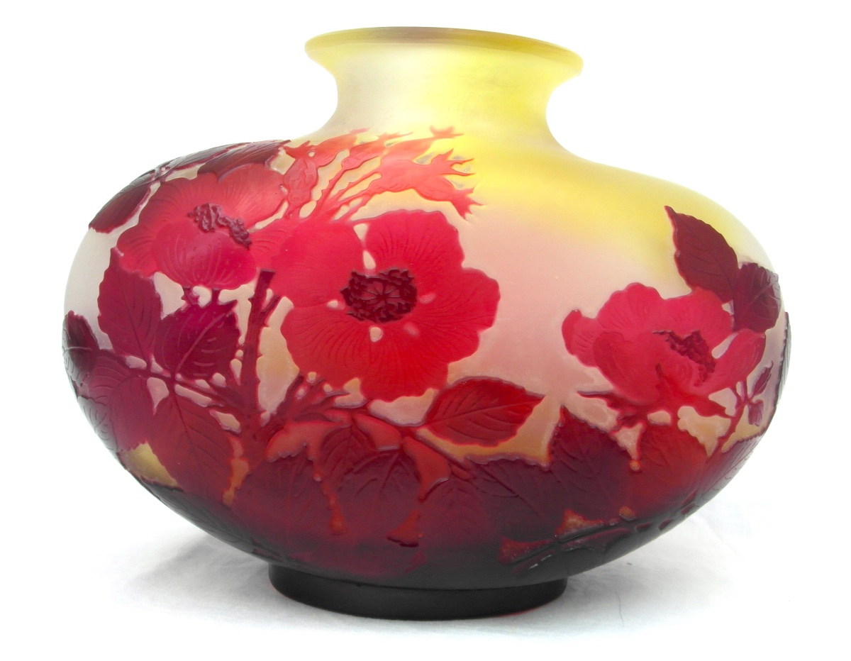 Vase aux roses rouges intenses par Gallé, parfait, era Daum 1900 Art-Nouveau-photo-2