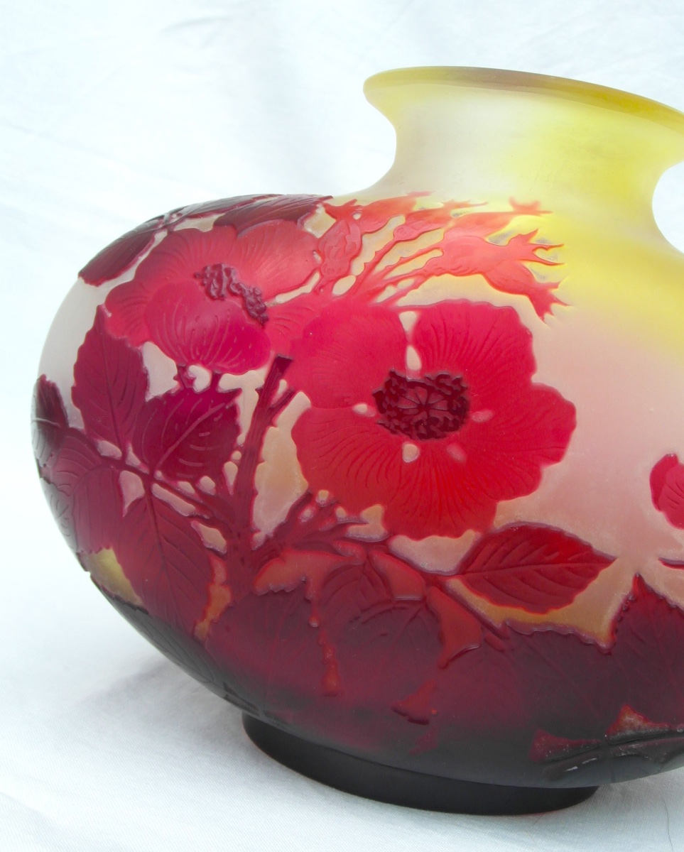 Vase aux roses rouges intenses par Gallé, parfait, era Daum 1900 Art-Nouveau-photo-3