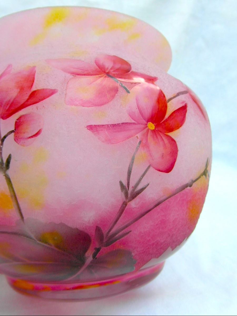 Vase aux begonias roses par Daum, parfait, era Gallé 1900-photo-1