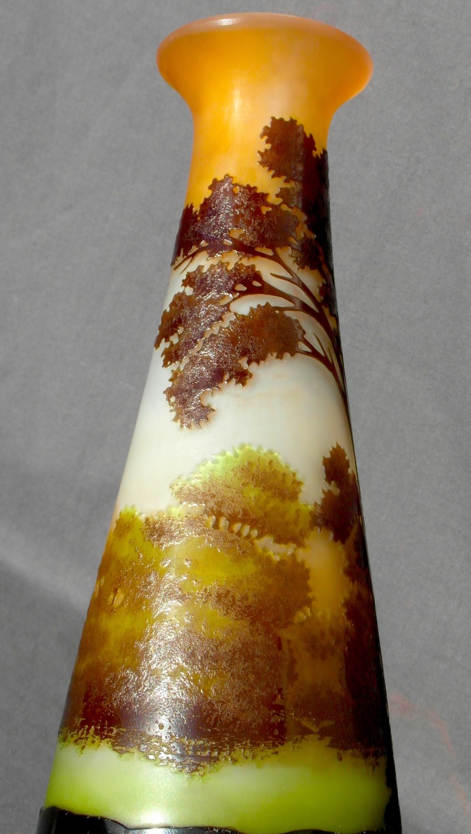 1900 Vase With Engraved Lake Landscape Design By Gallé, In Perfect Condition, 25 Cm, Daum Art Nouveau Era-photo-5