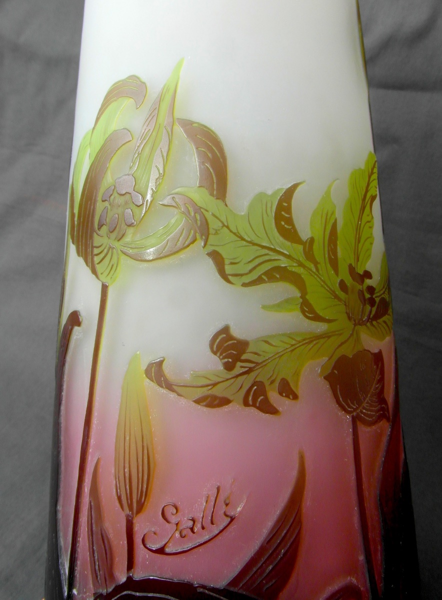 Grand vase Gallé aux tulipes, parfait, 29 cm, era daum art-nouveau 1900-photo-3