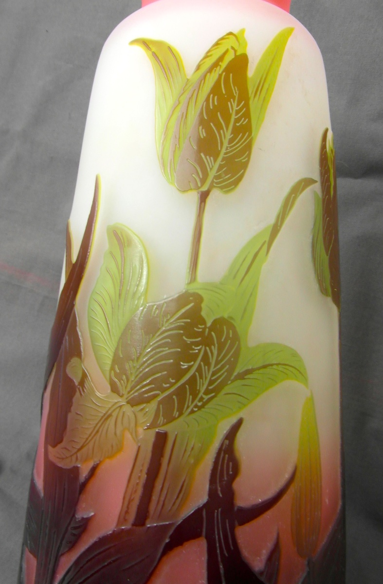 Grand vase Gallé aux tulipes, parfait, 29 cm, era daum art-nouveau 1900-photo-3