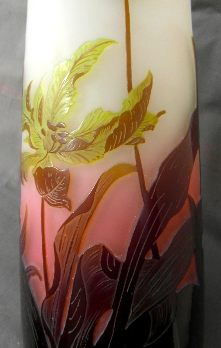 Grand vase Gallé aux tulipes, parfait, 29 cm, era daum art-nouveau 1900-photo-6