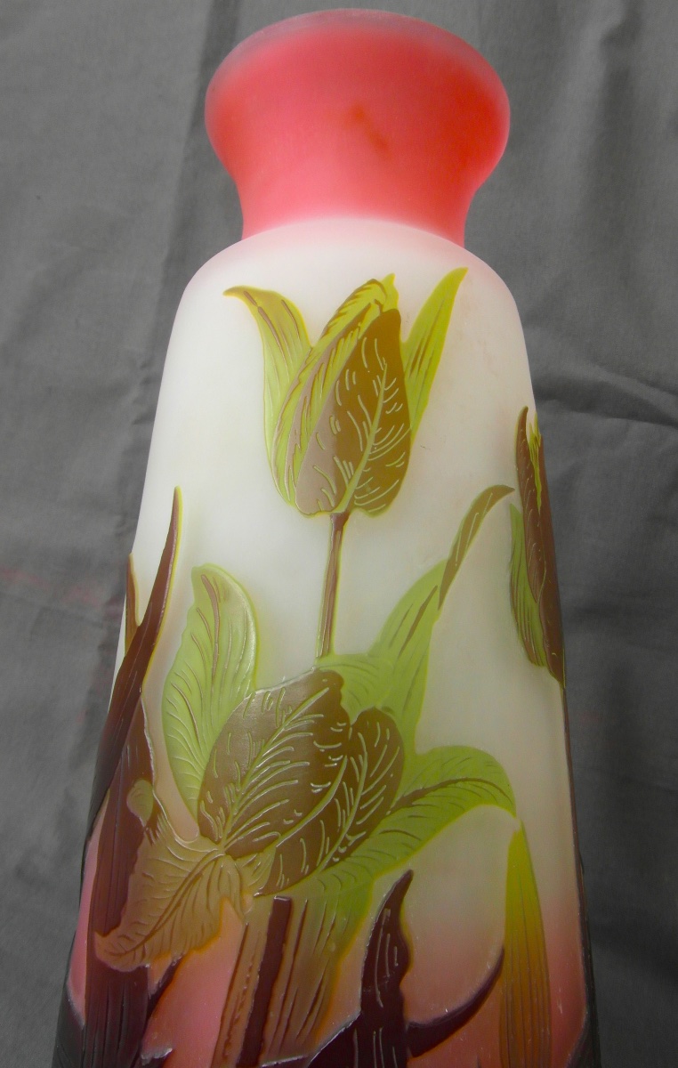 Grand vase Gallé aux tulipes, parfait, 29 cm, era daum art-nouveau 1900
