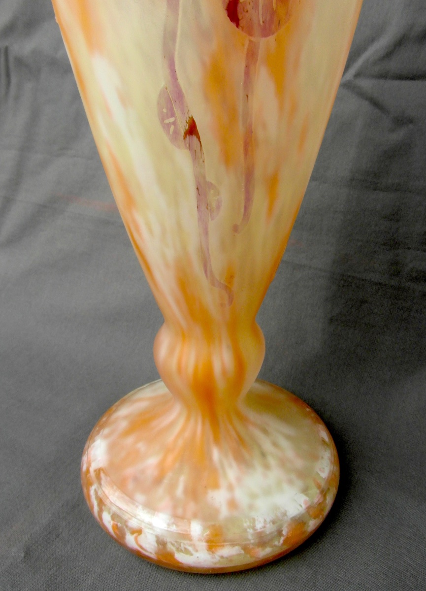 Large Schneider Vase, Signed "charder Le Verre Français," With An "ancolies" Design, Daum-galle, Circa 1920-photo-2