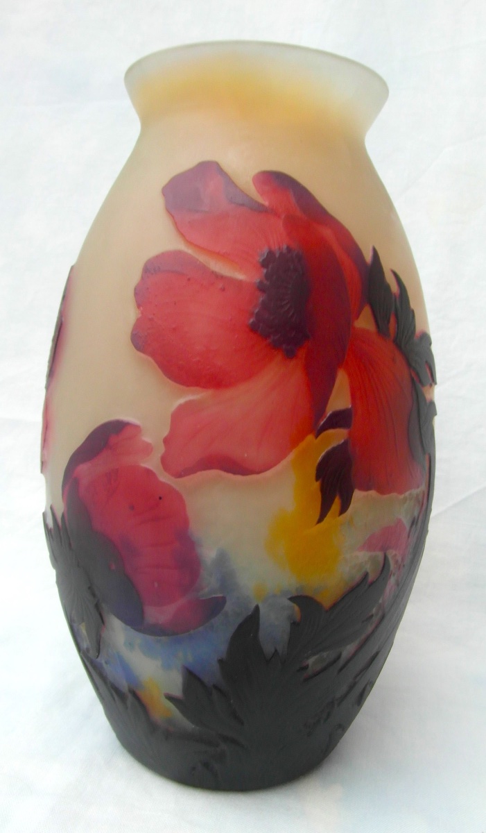 Vase aux anémones rouges par Muller, parfait, era Daum Gallé 1900-photo-2