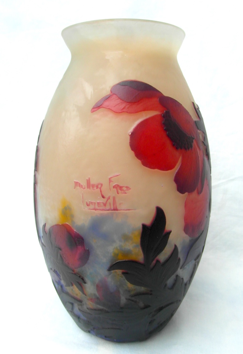 Vase aux anémones rouges par Muller, parfait, era Daum Gallé 1900-photo-4