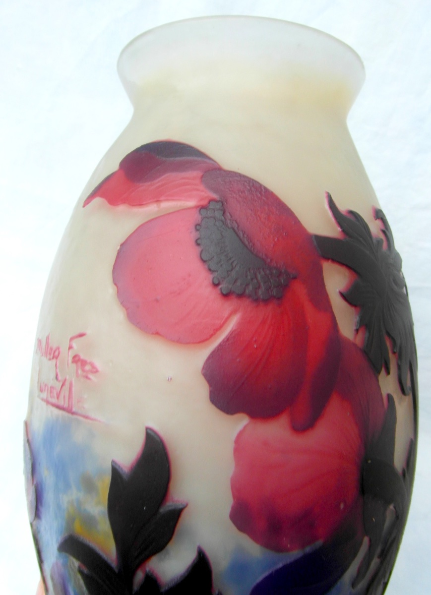 Vase aux anémones rouges par Muller, parfait, era Daum Gallé 1900-photo-4