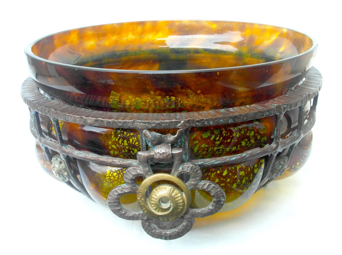 Large Art Deco Bowl With Wrought-iron Frame By Daum And Majorelle, In Perfect Condition, From The Galle Era, 1920-photo-2