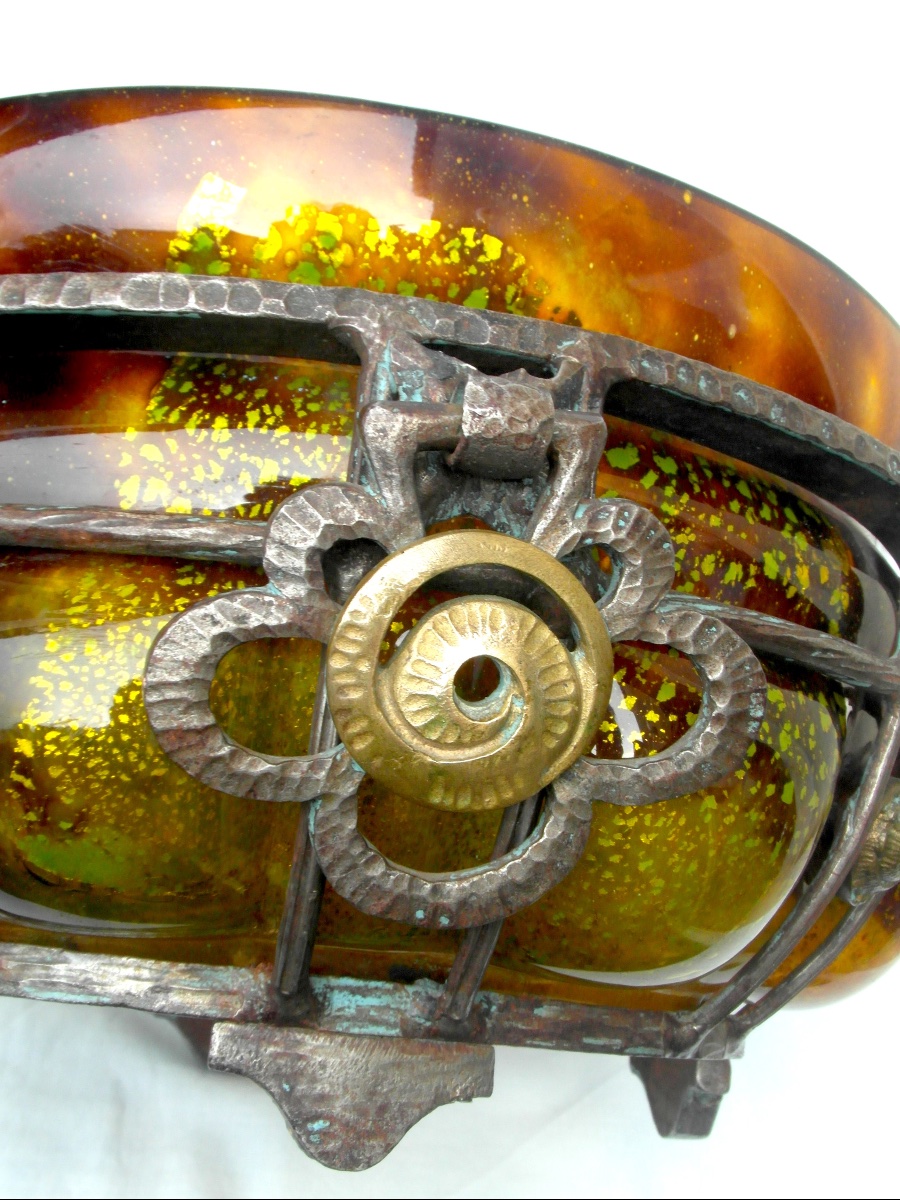 Large Art Deco Bowl With Wrought-iron Frame By Daum And Majorelle, In Perfect Condition, From The Galle Era, 1920-photo-3