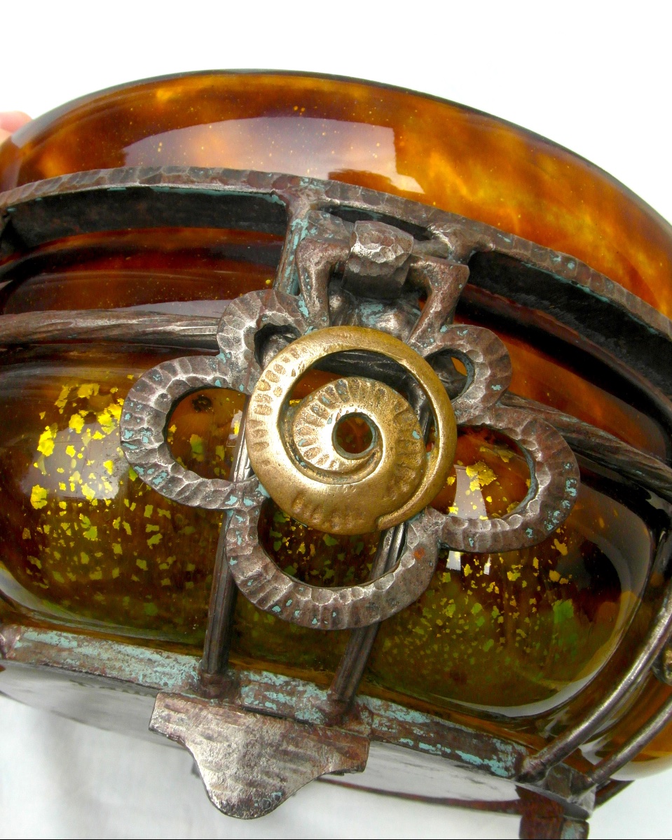 Large Art Deco Bowl With Wrought-iron Frame By Daum And Majorelle, In Perfect Condition, From The Galle Era, 1920-photo-5