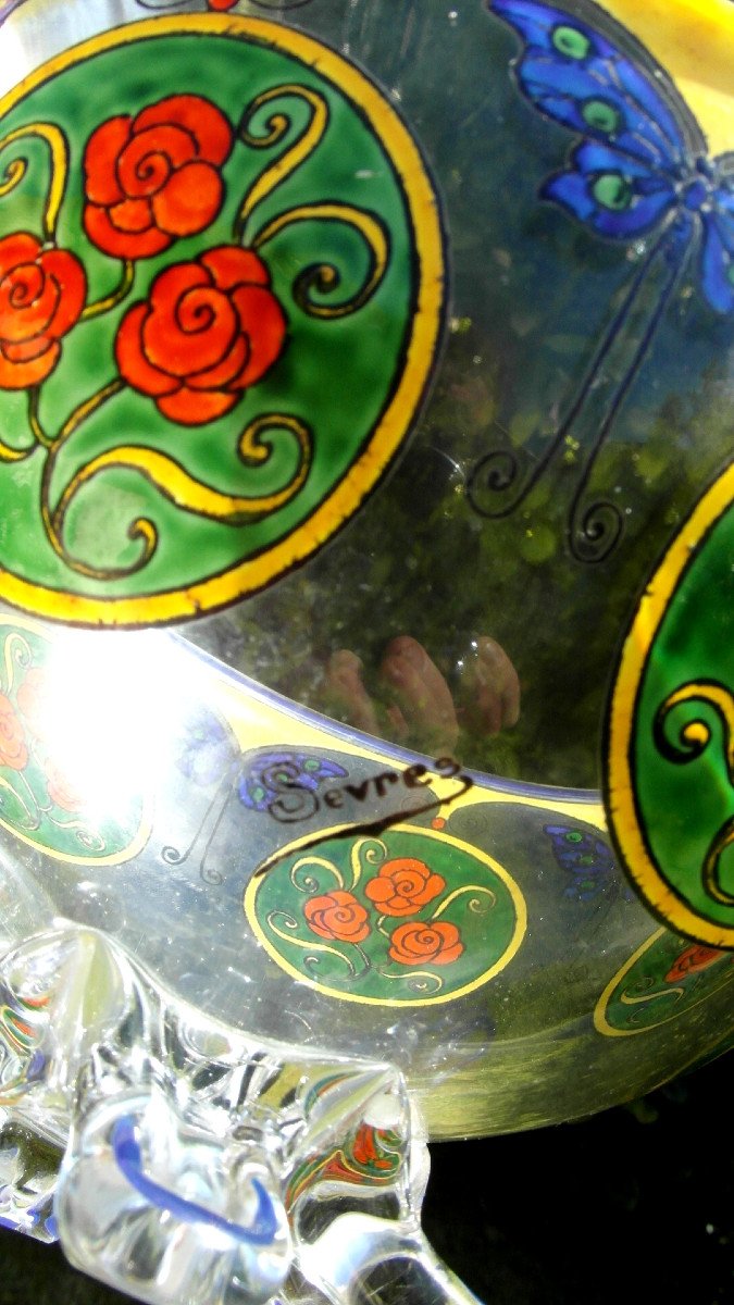 Pretty Art-deco Vase " Roses And Butterflies" By Sevres, Era Daum Galle Goupy-photo-6