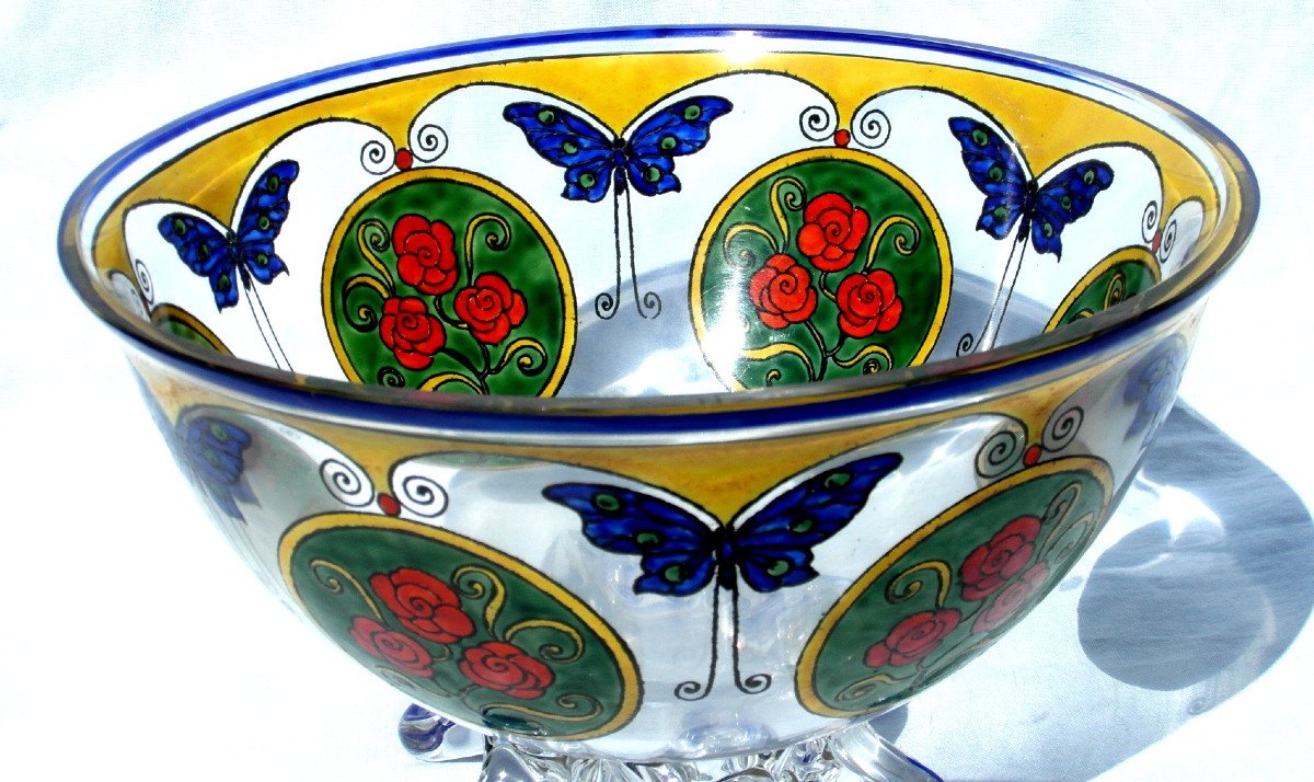 Pretty Art-deco Vase " Roses And Butterflies" By Sevres, Era Daum Galle Goupy