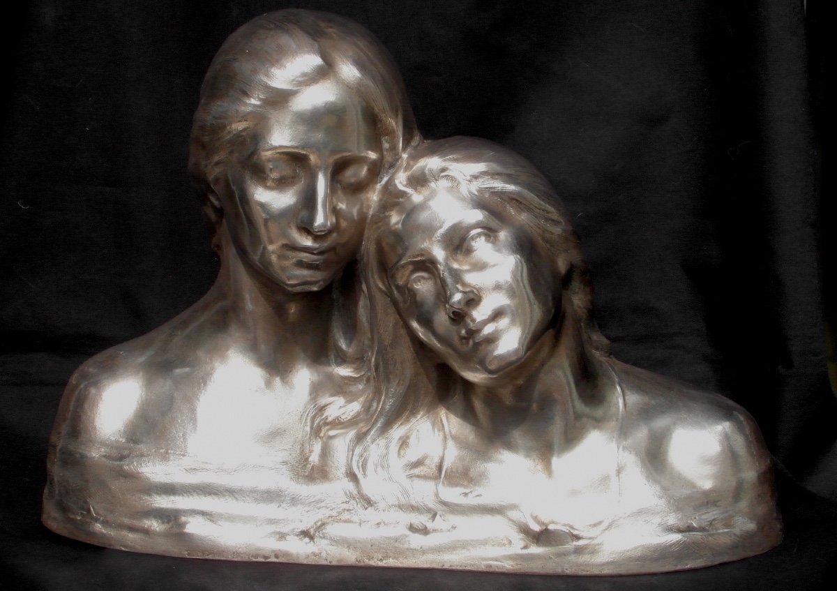 Groupe En Bronze Argenté  "tendresse" par coutheillas, era daum 1900 siot-photo-2